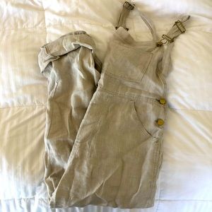 Beige linen overalls with gold hardware